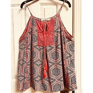 Solitaire Women’s Large Boho Crochet Tassel Cami Tank Top Coral Navy Sleeveless